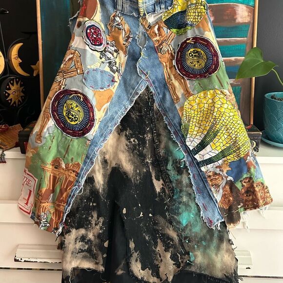Patchwork Denim Jumper Skirt Upcycled Overall Dress Painted One of a Kind OS - Picture 7 of 16